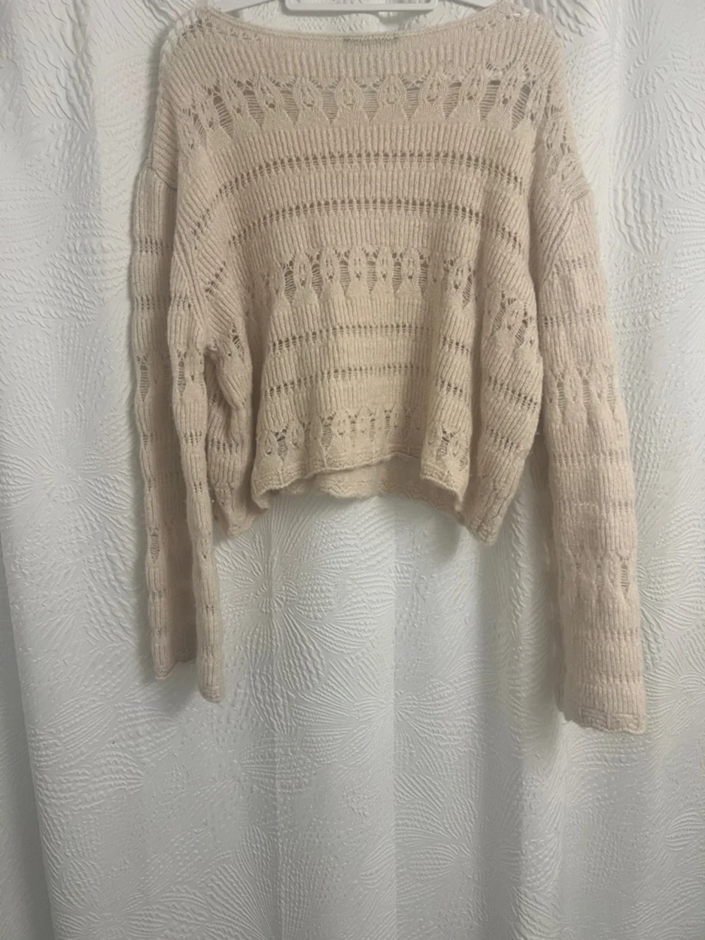 Zara Womens Cream Open Knit Pointelle Scoop Neck Cropped Sweater Size Medium - Picture 5 of 11